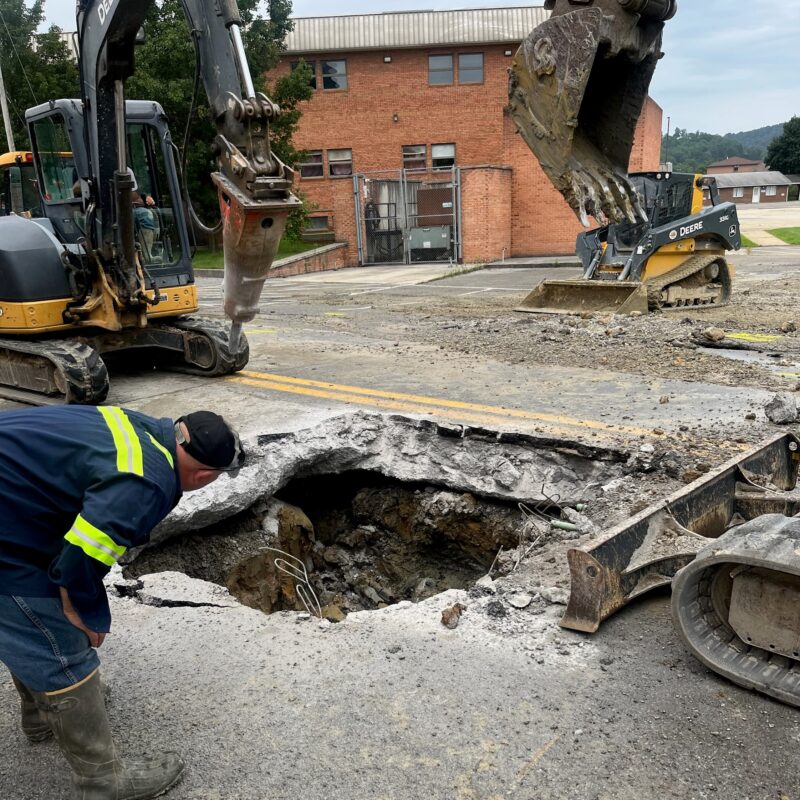 three photos of water distribution employees working