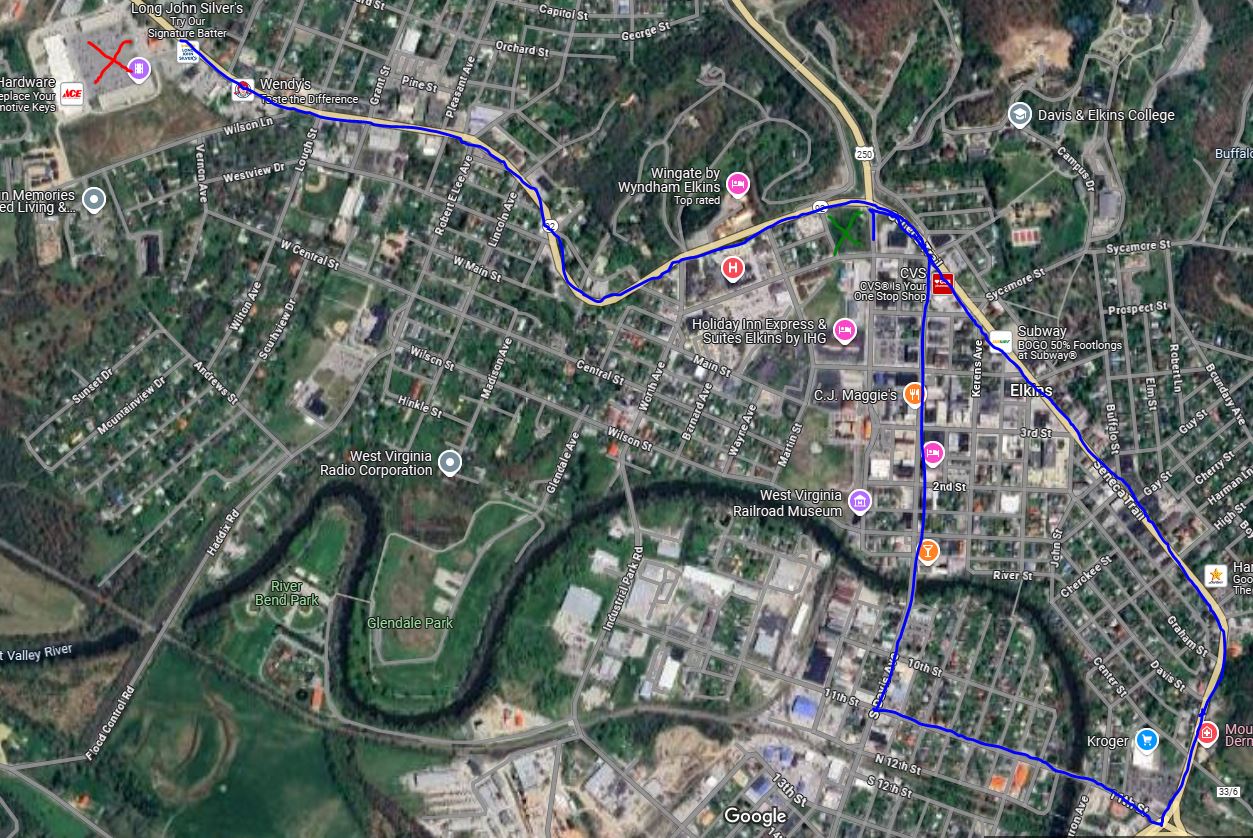 A map of a parade route in Elkins, WV, that includes the staging area.