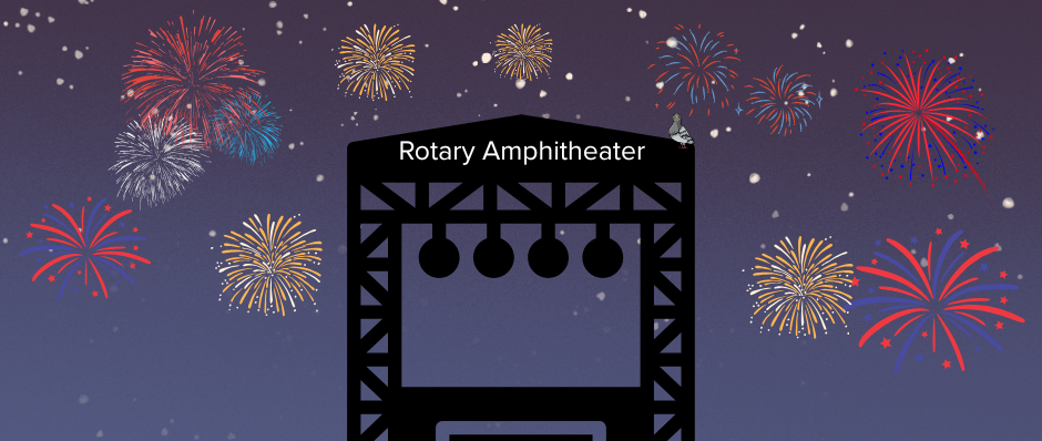 A graphic about 4th of July events, including fireworks in Elkins, WV. Graphic includes cute dog and cat, along with a turtle.