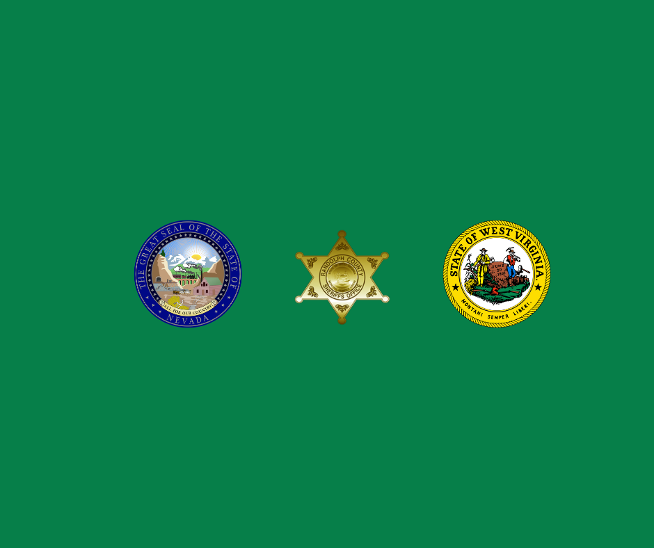 Image of Randolph County Sheriff's Department, Elkins, WV. Flanked by images of states seals of Nevada and West Virginia
