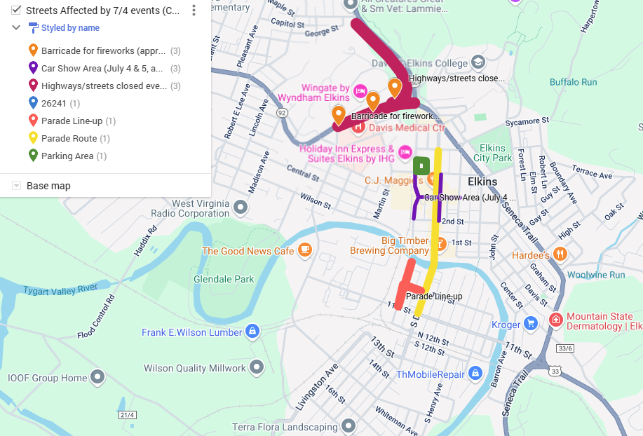 Updated July 4th Weekend Street Map 2025 for Elkins, WV showing parade routes and event locations