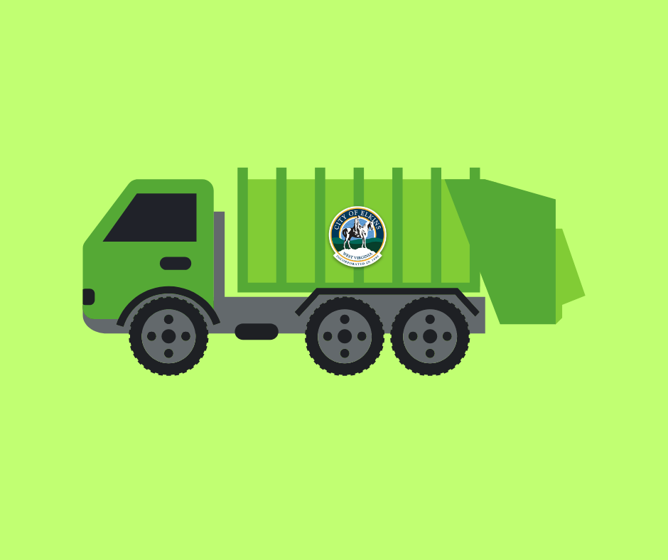 an image of a garbage truck in Elkins. The point is to highlight the new garbage bag limit policy as of September 2025