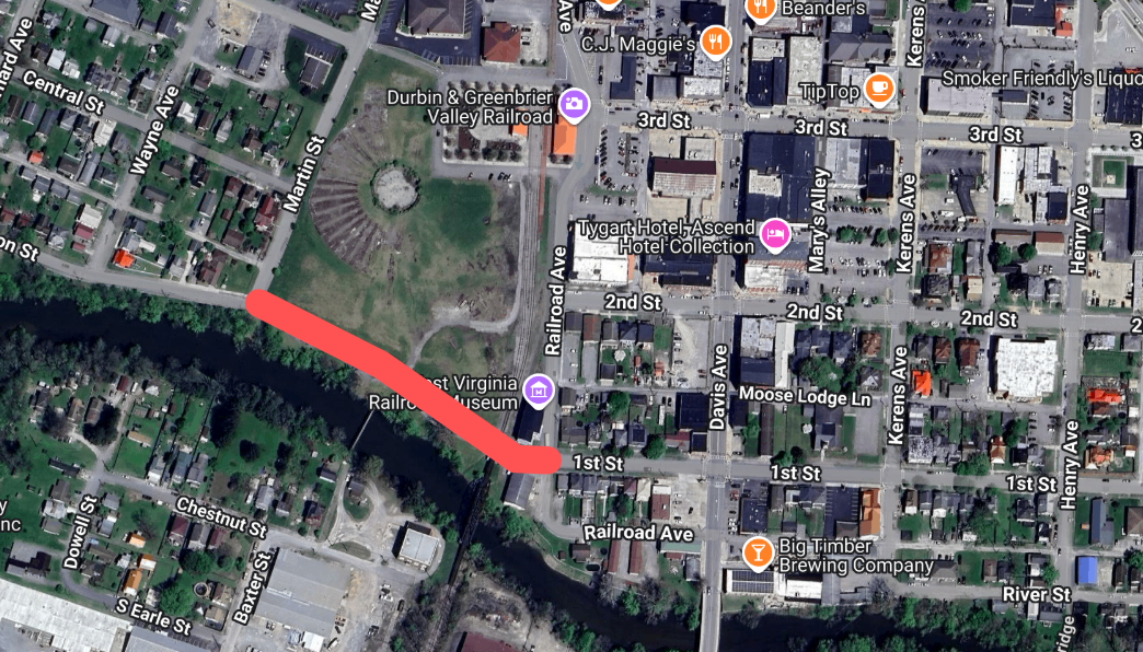 Area affected by street closure, Oct 7-8 2025, Elkins, WV