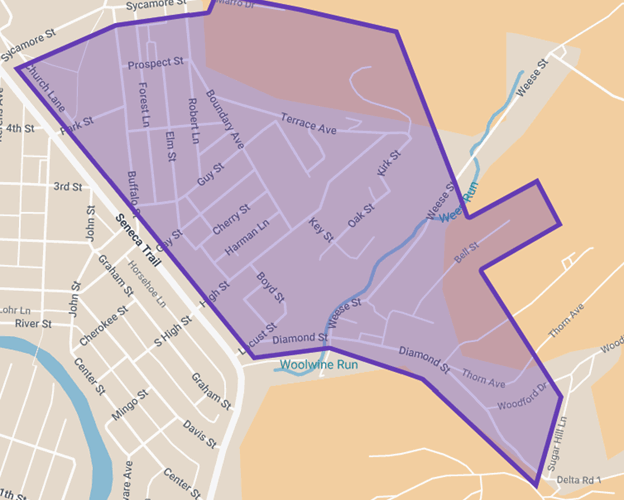 An image of an area in Elkins, WV (Fourth Ward) that could be affected by speed limit changes, Dec. 2025