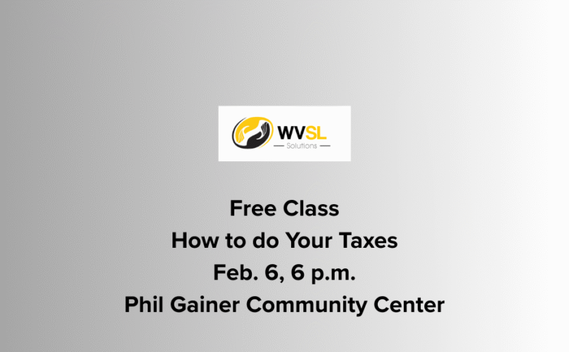 In image promoting a free class on income tax prep, Elkins, WV, Feb. 6, 6pm, Phil Gainer Center.