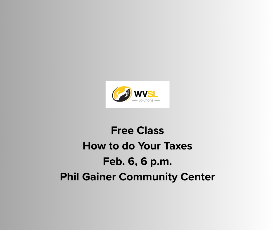 In image promoting a free class on income tax prep, Elkins, WV, Feb. 6, 6pm, Phil Gainer Center.