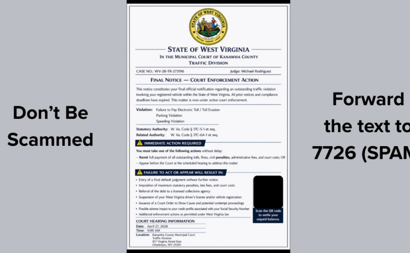 An image alerting Elkins, WV residents about a fake citation notice.