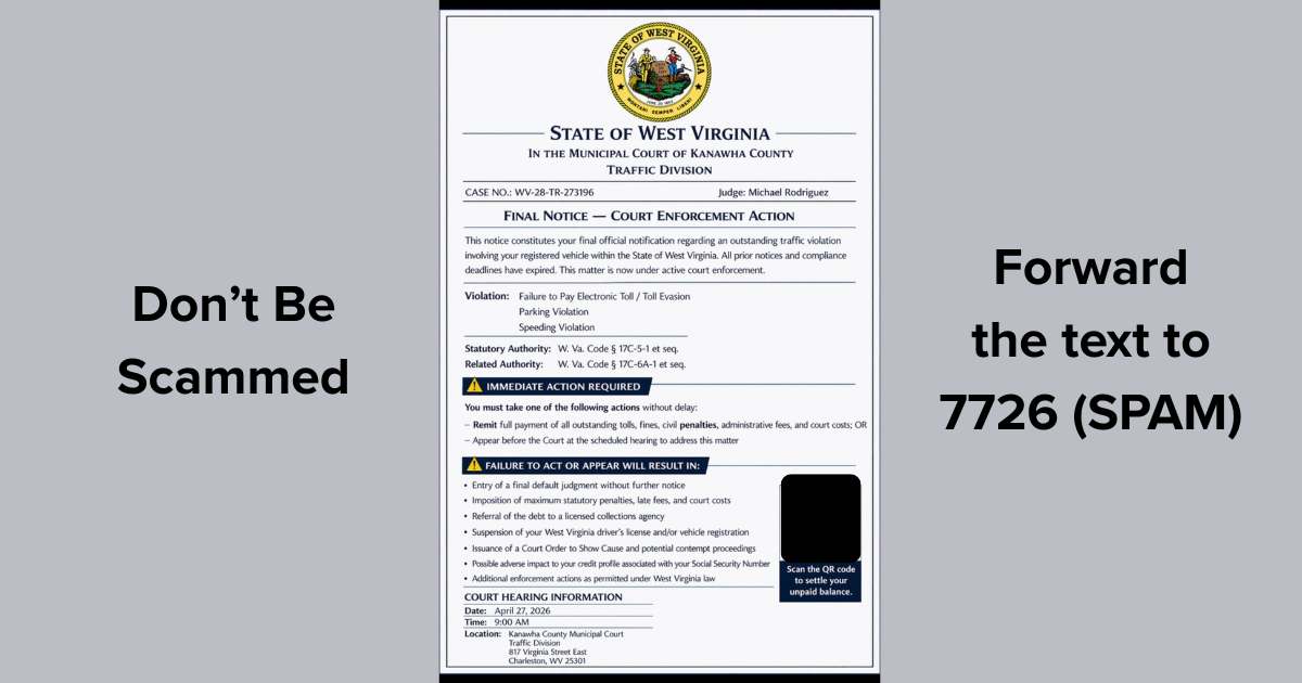 An image alerting Elkins, WV residents about a fake citation notice.