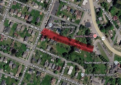 Image depicting the area affected by a water leak on W Main St.